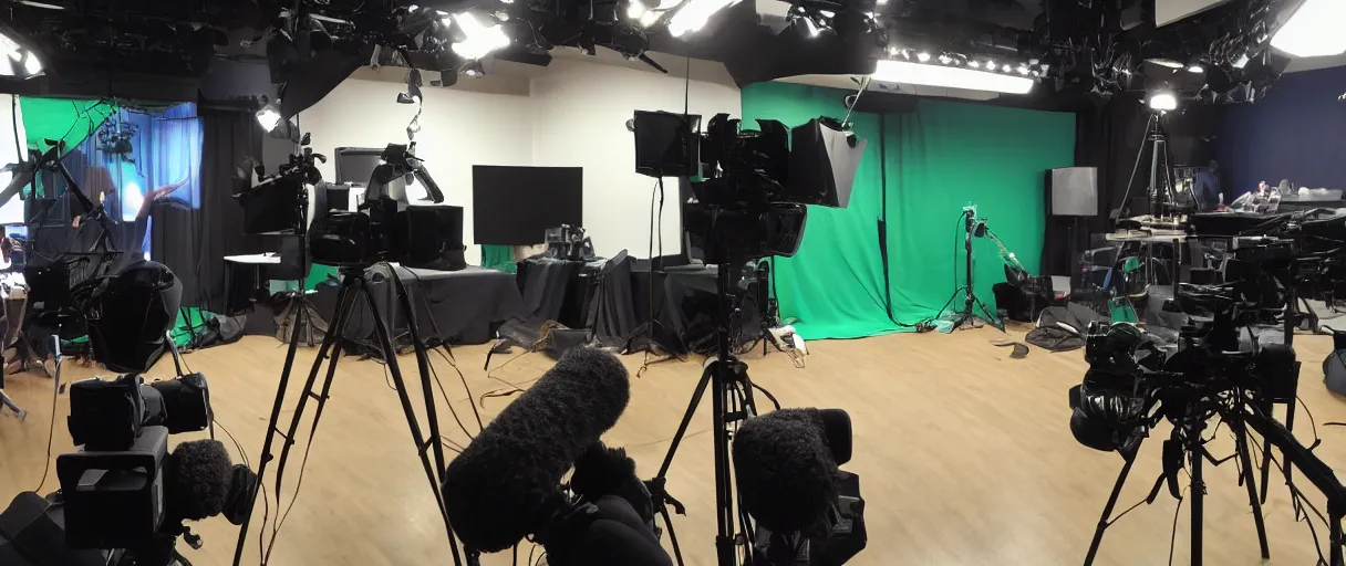 Image similar to photo of a movie set, green screen in the back, cameras and camera operators in the front, studio, movie set, realistic, studio lighting