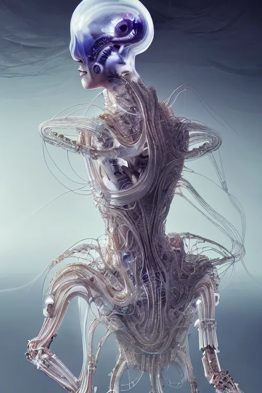 Image similar to background space station, baroque dress iris van herpen positing on floor, perfect symmetrical, full body shot, helmet on face, inflateble shapes, wires, tubes, veins, jellyfish, white biomechanical details, wearing epic bionic implants, masterpiece, intricate, biopunk, vogue, highly detailed, artstation, concept art, cyberpunk