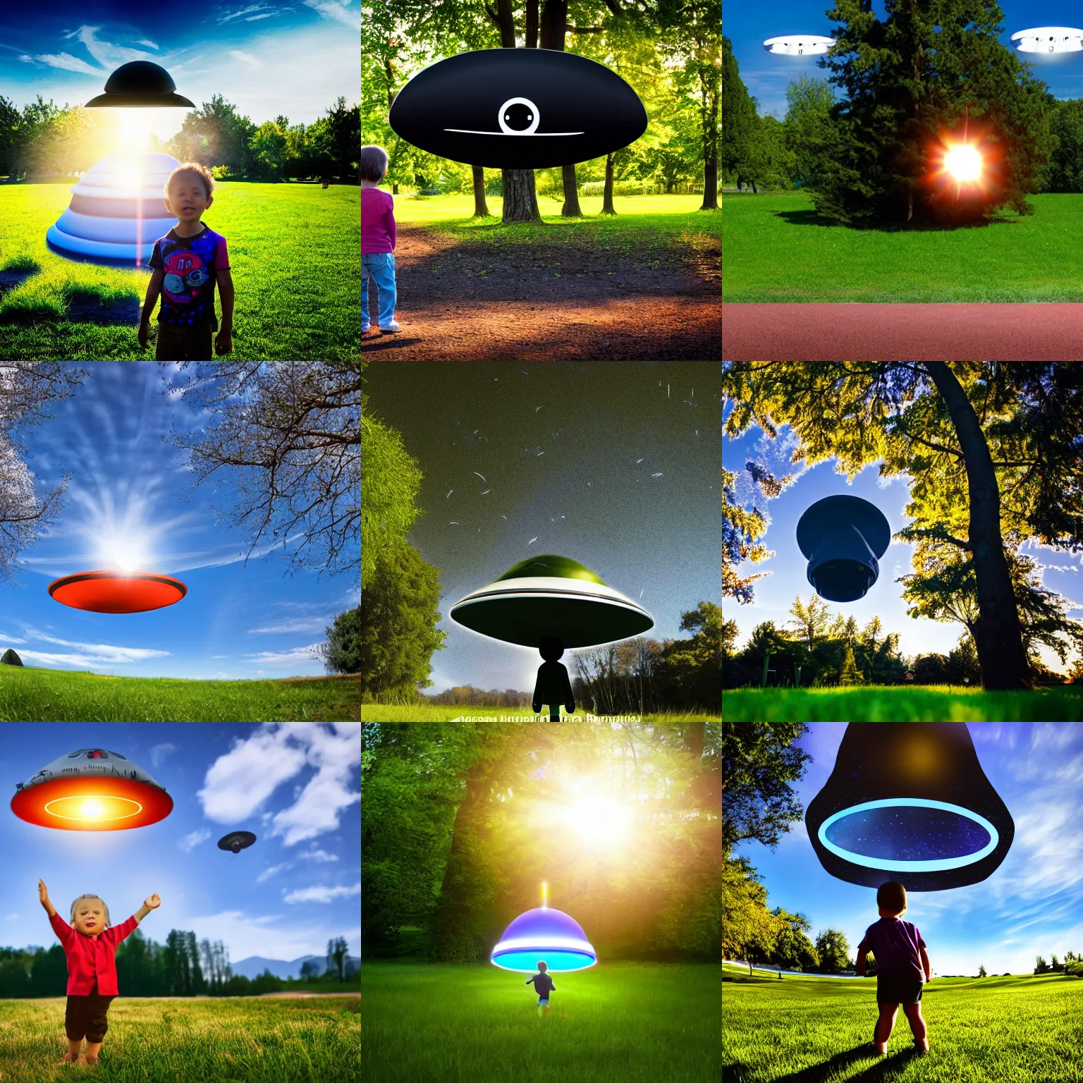 Prompt: ominous ufo in park beaming up child, beautiful sunny day, stunning, award winning, canon eos, 4 k
