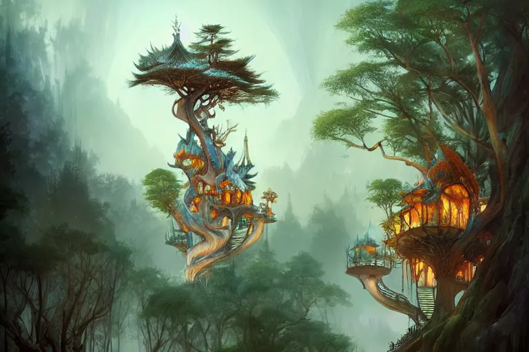 Image similar to treehouse from gaudi in a deep mystical forest , floating chinese lampoons, lake, waterfall, tall people walking and discussing, dynamic lighting, art by peter mohrbacher on artstation, mix with rivendell architecture, night mood