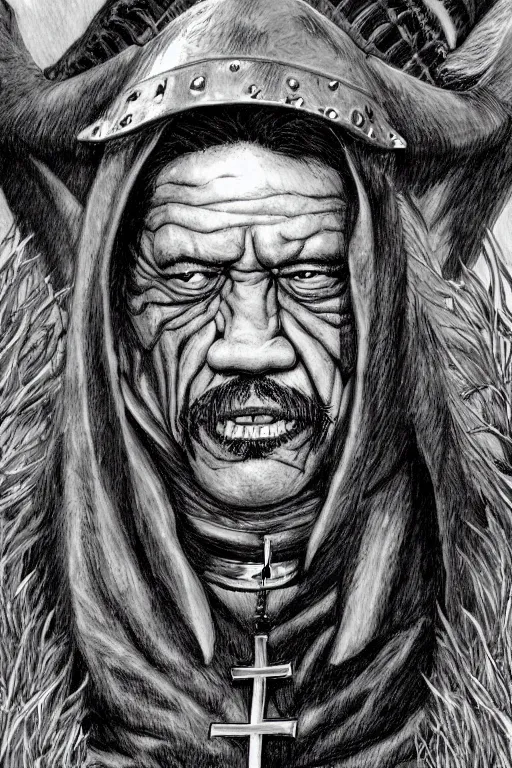 Prompt: Danny Trejo as church nun, dark fantasy, highly detailed, artstation, manga illustration by Kentaro Miura berserk