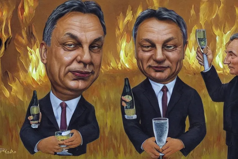 Image similar to viktor orban drinking champagne with putin in front a burning city, highly detailed face, oil painting