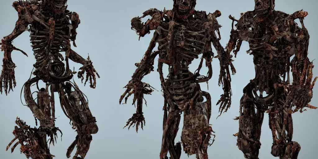 Image similar to humanoid metal endoskeletons partially covered in flesh, fighting undead zombies, post apocalyptic, scorched earth, detailed, unreal engine, realistic, detailed, sweat, dramatic lighting, cinematic