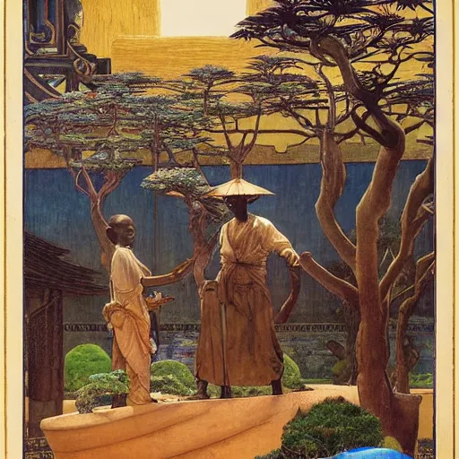 Image similar to Old African gardener cutting bonsai trees, isyllic Garden, by Annie Swynnerton and Nicholas Roerich and jean delville, glowing paper lanterns, strong dramatic cinematic lighting , ornate tiled architecture, lost civilizations, smooth, sharp focus, extremely detailed