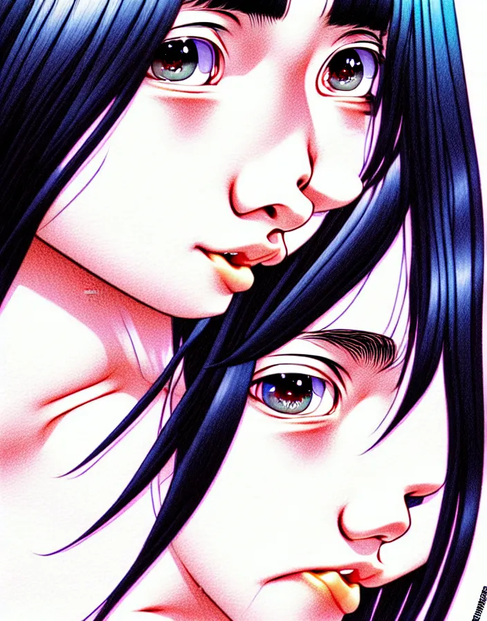 Image similar to extremely detailed color ink pen  illustration depicting an extreme close up face of a dainty young truant female stoner prep highschool school student with medium length silky straight iridescent black hair and lightly suntanned skin, illustrated by Artgerm and Range Murata.