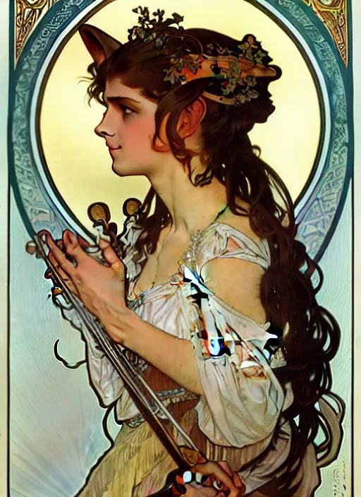 Image similar to a head and shoulders portrait of a female bard, d & d, fantasy art, award winning, fox ears, by alphonse mucha