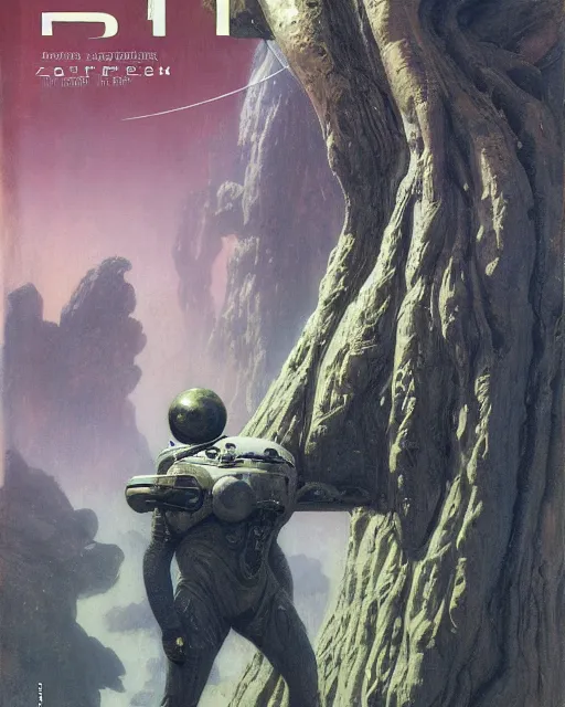 Prompt: pulp scifi cover, spaceman meets man from venus, extra terrestrial alien planet, baobab trees, painted by ruan jia, raymond swanland, lawrence alma tadema, zdzislaw beksinski, norman rockwell, jack kirby, tom lovell, alex malveda, greg staples, schomburg, bergey, science fiction