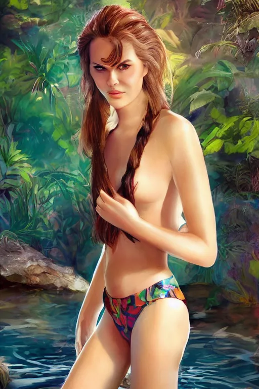 Image similar to mix of beautiful young maria shriver, mariel hemmingway, brooke shields, nicole kidman and elle macpherson as a young jungle girl swimming in a rockpool, thin lips, hair tied up in a pony tail, dark blonde hair, colorful, artstation, cgsociety