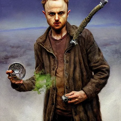 Image similar to Jesse Pinkman as a Hobbit smoking a pipe by Esao Andrews and Karol Bak and Zdzislaw Beksinski