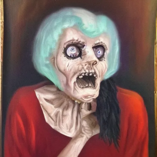 Image similar to creepy old cursed witch watching you sleep, eerie, haunted, oil painting