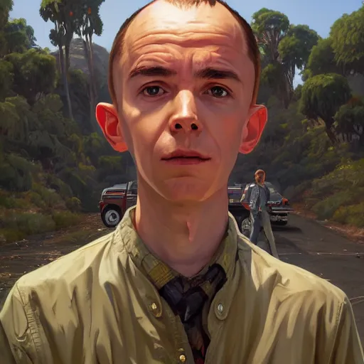 Image similar to highly detailed portrait malcolm in the middle, in gta v, stephen bliss, unreal engine, fantasy art by greg rutkowski, loish, rhads, ferdinand knab, makoto shinkai and lois van baarle, ilya kuvshinov, rossdraws, tom bagshaw, global illumination, radiant light, detailed and intricate environment