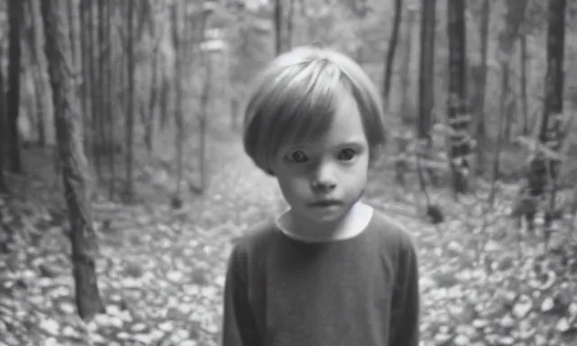 Prompt: kid looking at camera in forest at night, far away from camera, 70s photo, out of focus, motion blur, cctv footage, horror movie, horror lighting, blair witch project, old photo