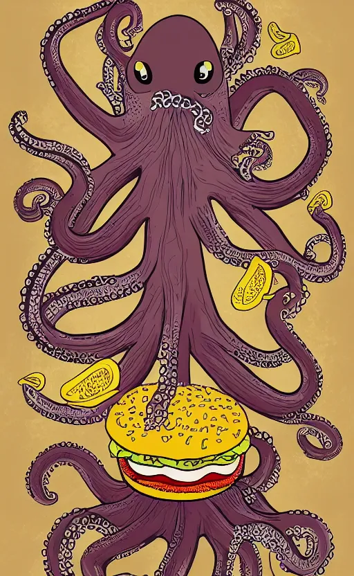 Image similar to highly detailed illustration of octopus as a cheeseburger as an octopus, poster, symmetrical, 8 k, trending