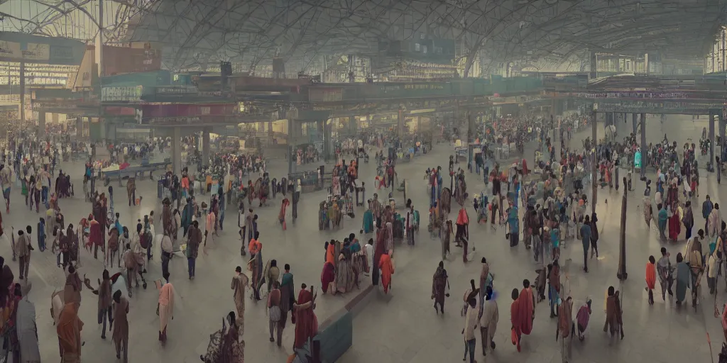 Prompt: cinematic movie scene, establishing shot, interior of an india railway station, bustling with people, sharp focus, unreal engine, octane render, aesthetic