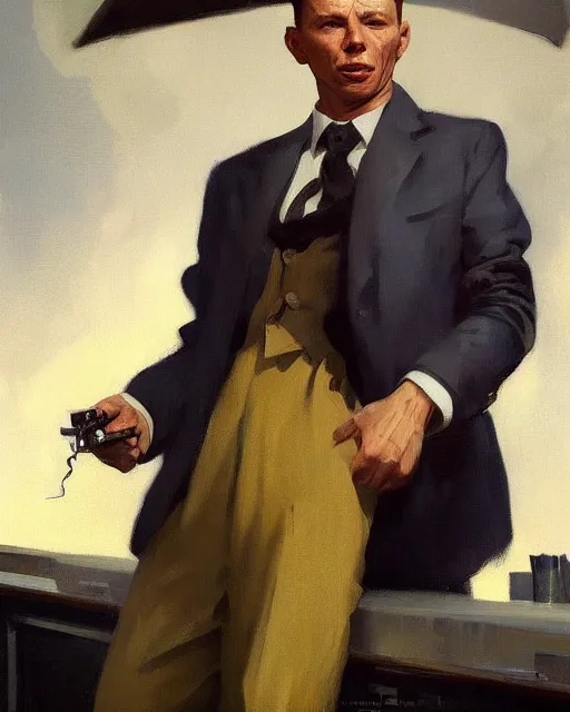 Prompt: young frank sinatra as a poor dystopian dieselpunk soviet bartender. art by greg rutkowski, gustave courbet, rosa bonheur, edward hopper. faithfully depicted facial expression, perfect anatomy, sharp focus, global illumination, radiant light, detailed and intricate environment, trending on artstation