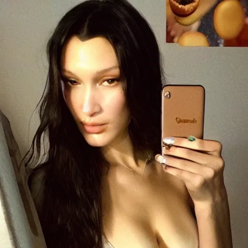 Prompt: bella hadid taking a selfie with her favorite food, photorealistic, dynamic light, fast food, ultra detailed