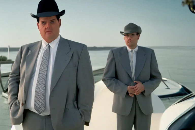 Image similar to cinematic still of portly clean-shaven white man wearing suit and necktie and boater hat as car salesman in 1994 film, XF IQ4, f/1.4, ISO 200, 1/160s, 8K, RAW, dramatic lighting, symmetrical balance, in-frame