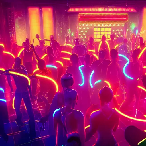 Prompt: ultradetailed 8 k hd octane render of a crowded neon cyberpunk dance club