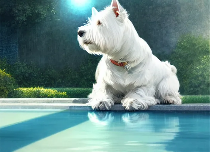 Image similar to west highland white terrier sitting by a pool, bright, reflections, intricate, sharp focus, lens flare, bloom, illustration, highly detailed, digital painting, concept art, matte, art by ruan jia and wlop and greg rutkowski, masterpiece