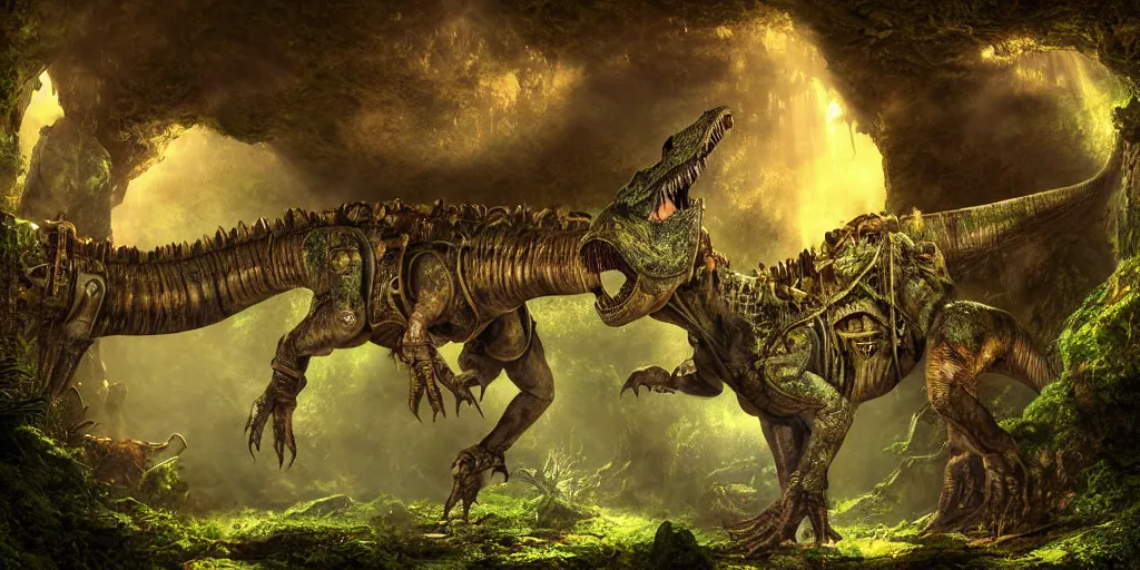 Prompt: magnificent mechanical steampunk dinosaur looking eerily into a cave entrance with lush vegetation and mystical (((glowing algae))) in the sunset, light coming through from holes in the ceiling, desaturated, creepy ambiance, dangerous, sharp focus, highly detailed, artgerm