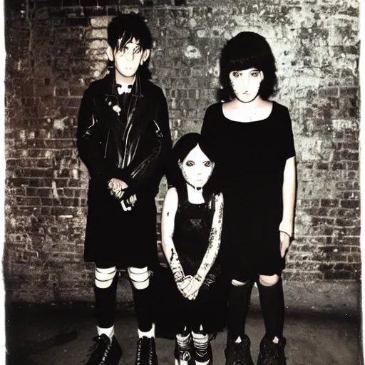 Prompt: night flash portrait photography of punk and goth kids on the lower east side by diane arbus, colorful, nighttime!, raining!