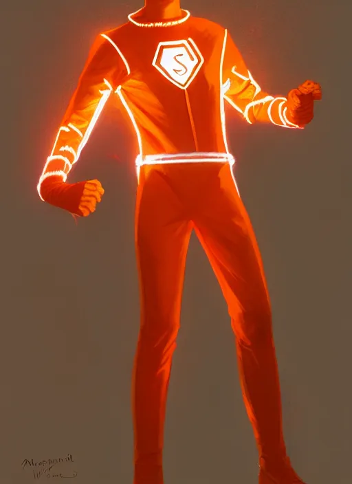 Image similar to teenage archie andrews wearing an orange superhero costume, intricate, elegant, glowing lights, highly detailed, digital painting, artstation, sharp focus, illustration, art by wlop, mars ravelo and greg rutkowski