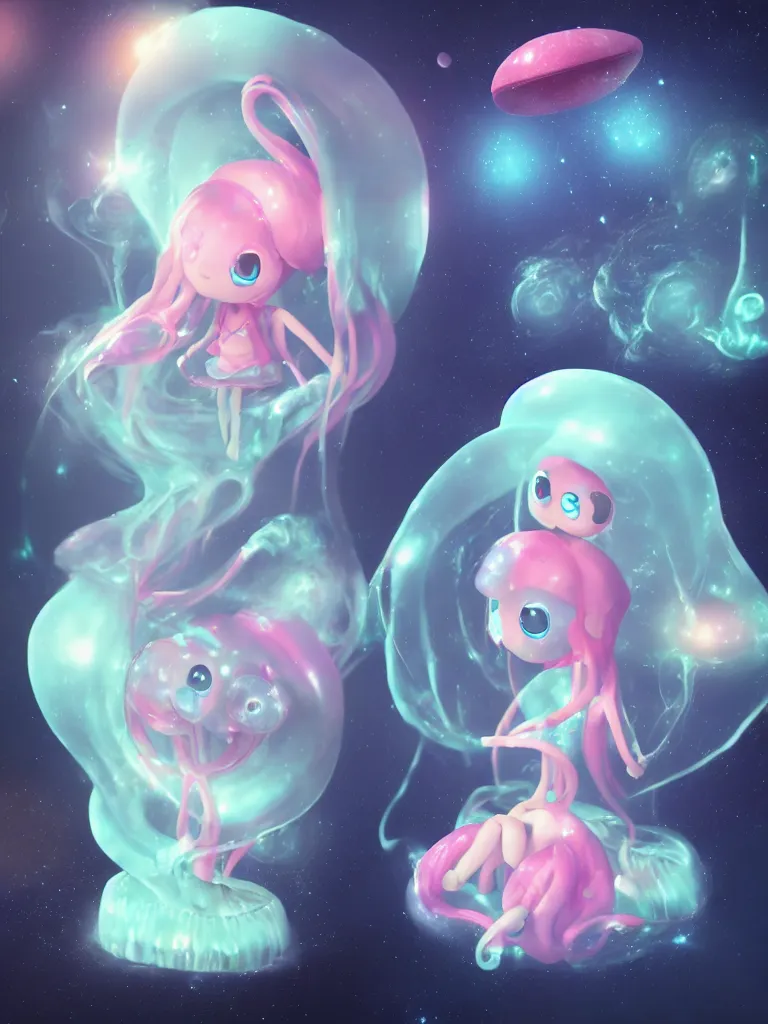 Prompt: cute fumo plush alien jellyfish girl sitting on a small island floating in the dark galactic abyss, heart eyes, vignette, vray