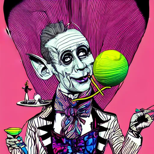 Prompt: graphic illustration, creative design, alice in wonderland with willy wonka, biopunk, francis bacon, highly detailed, hunter s thompson, concept art