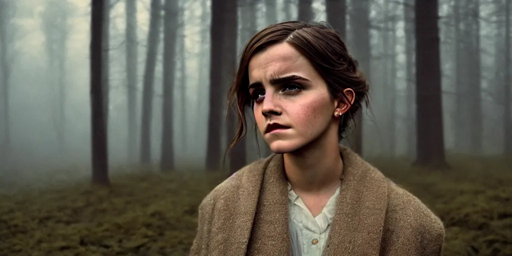 Prompt: portrait bust of emma watson, solemn expression, faded color film, russian cinema, tarkovsky, kodachrome, old cabin, next to window, heavy forest outside, long brown hair, old clothing, heavy fog, hudson river school, 4 k, dramatic lighting, greg rutkowski