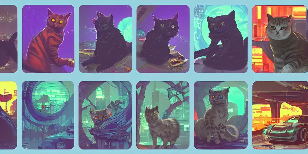 Image similar to card design concept art for a cyberpunk game about cats and cars and monsters, symmetrical, magic, by settlers of catan and cosmic encounters and fantasy fights