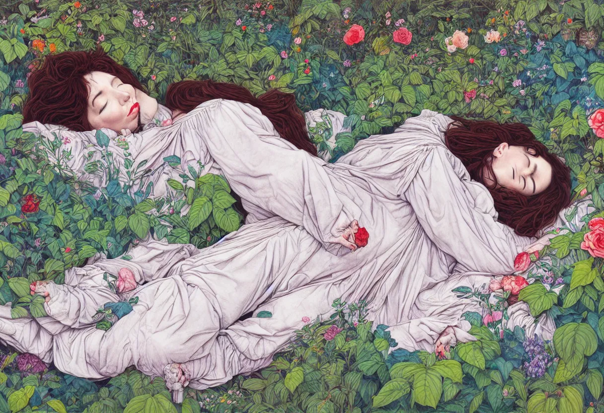 Prompt: ! dream portrait of kate bush sleeping in a garden by james jean