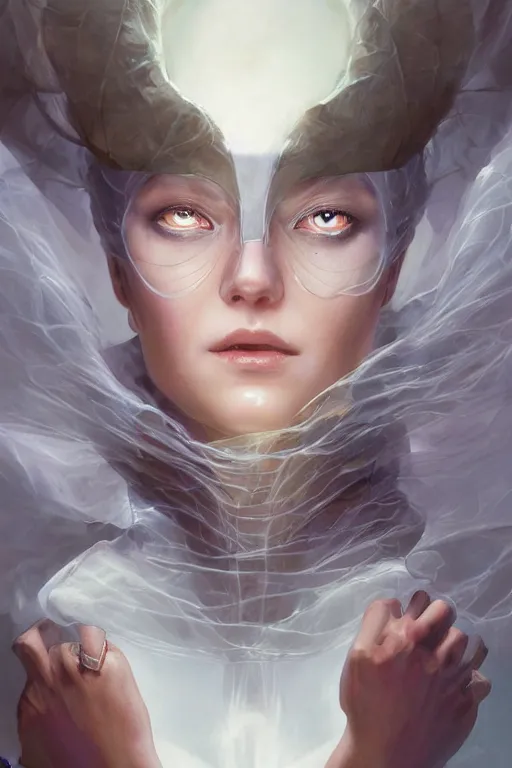 Image similar to portrait of the collar tulpa unsealer wearing dream veil by artgerm and Craig Mullins, James Jean, Andrey Ryabovichev, Mark Simonetti and Peter Morbacher 16k