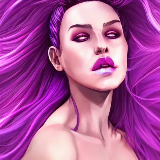 Prompt: a stunning upper body portrait of a beautiful woman with purple hair and pink highlights blowing in the wind by marvel comics, digital art, trending on artstation