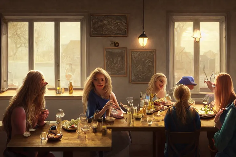 Prompt: portait of a pig and a mallard and a blonde woman with long hair having dinner at sunday in brooklyn restaurant, anatomy, bathed in light, highly detailed, photorealistic, artstation, smooth, sharp focus, illustration, unreal engine 5, 8 k, art by artgerm and greg rutkowski and edgar maxence