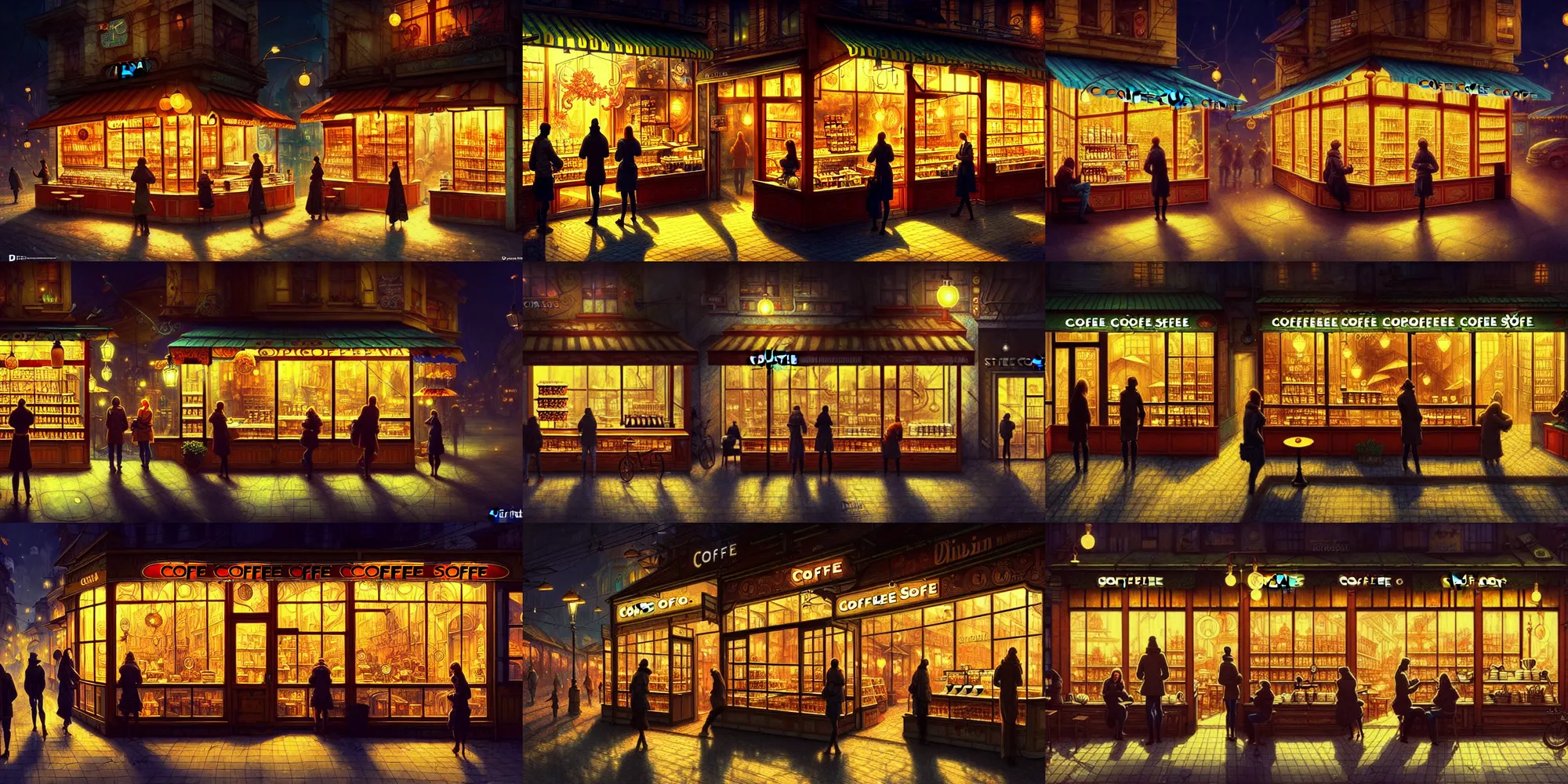 Image similar to a coffee shop store in The City of Ukraine at night with a few customers, extreme plus resolution fantasy concept art, intricate details to everything visible, sharp lighting, Dramatic light by denis villeneuve, strong emphasis on alphonse mucha, Makoto Shinkai