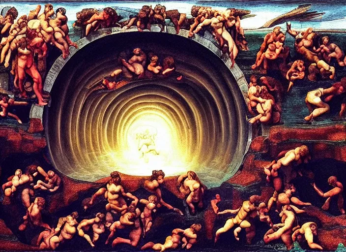 Prompt: crowd of people, water portal to hell located in heaven, photorealistic, rule of thirds, 4 k, alvah angelrune, michelangelo, colorfull