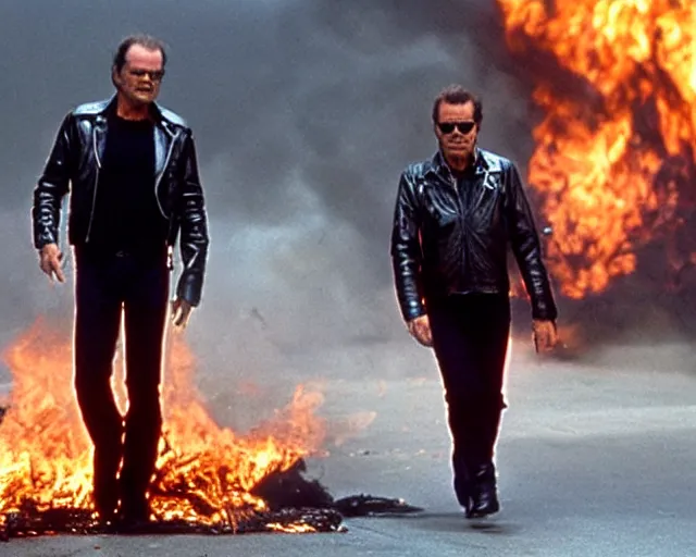 Image similar to Jack Nicholson plays Terminator wearing leather jacket and his endoskeleton is visible, walking out of flames