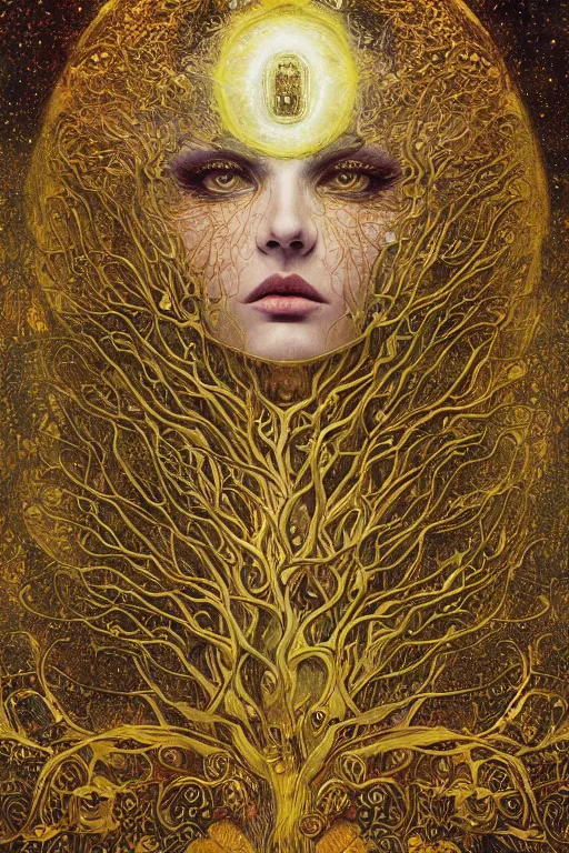 Image similar to Tree of Life by Karol Bak, Jean Deville, Gustav Klimt, and Vincent Van Gogh, mysterious, sacred geometry, Surreality, radiant halo, otherworldly, enigma, fractal structures, celestial, arcane, ornate gilded medieval icon, third eye, spirals