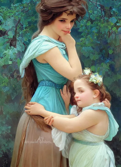 Image similar to a cute little girl with a round cherubic face, blue eyes, and short wavy light brown hair hugging her grandma. she is wearing a turquoise dress. beautiful painting by artgerm and greg rutkowski and alphonse mucha