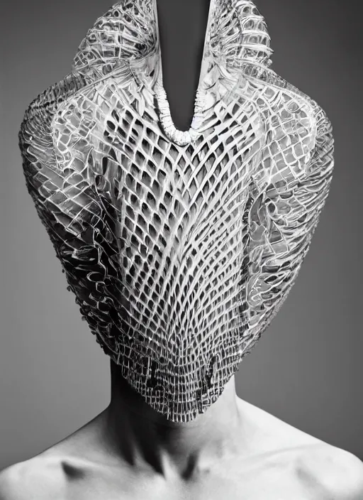 Image similar to a beautiful male dancer wearing iris van herpen couture, photographed by erwin olaf for vogue, symmetrical face