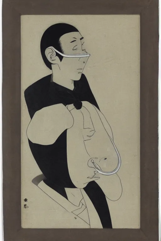 Image similar to portrait of young man wearing black medical mask, style of tsuguharu foujita