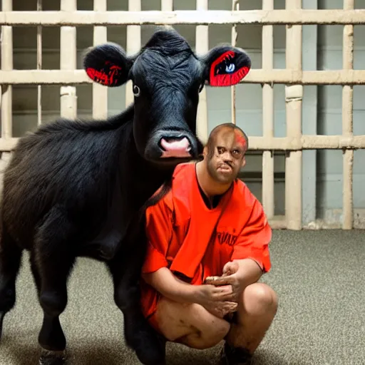 Image similar to mugshot of a cute calf dressed as an inmate inside jail