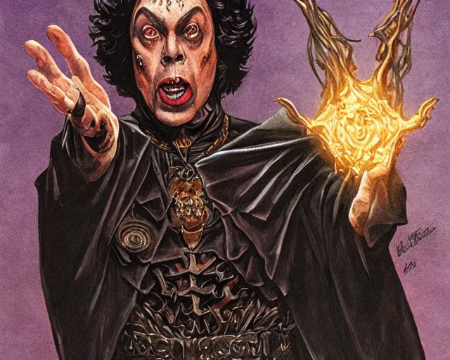 Image similar to tim curry as a dark magic wizard casting evil spells, fantasy art, d & d, extremely detailed, high quality, award - winning,