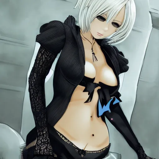 Image similar to 2b Nier Automata, Black lace clothing, blonde hair, attractive woman