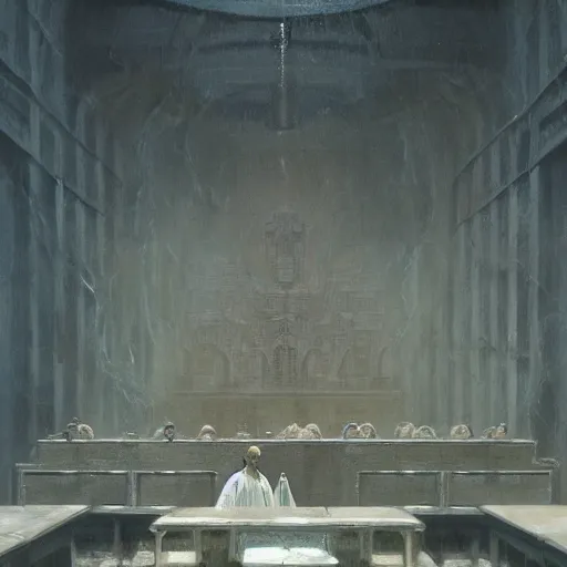 Prompt: byzantine science fiction courtroom filled with cryogenic sarcophogi spilling white smoke, by greg rutkowski, zdzisław beksinski, anato finnstark, and rembrandt