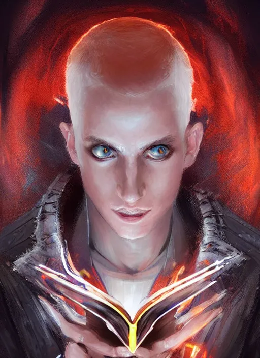 Image similar to character concept portrait of a handsome young warlock with pale white skin and buzzed short spiky hairstyle casting a dark magic spell with red and orange glowing runes, a floating iridescent spell book, intricate, elegant, digital painting, concept art, smooth, sharp focus, illustration, from Metal Gear, by Ruan Jia and Mandy Jurgens and Artgerm and William-Adolphe Bouguereau