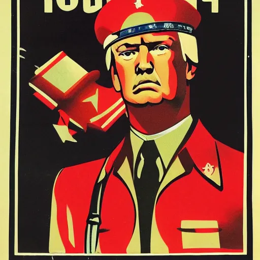 Image similar to ussr propaganda art demonstrating red army soldier looking as donald trump