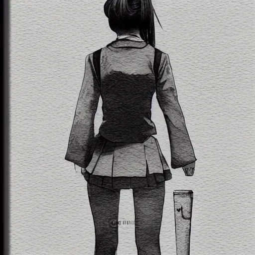 Prompt: a perfect, realistic professional digital sketch of a Japanese schoolgirl posing in a sci-fi alleyway, style of Marvel, full length, by pen and watercolor, by a professional American senior artist on ArtStation, a high-quality hollywood-style sketch, on high-quality paper