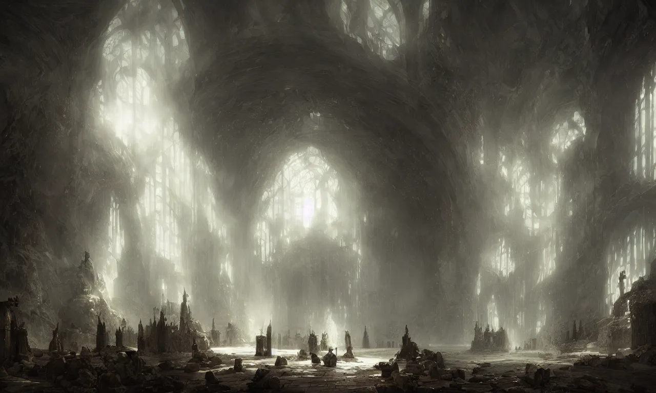 Image similar to great hall of the mountain king. andreas achenbach, artgerm, mikko lagerstedt, zack snyder, tokujin yoshioka