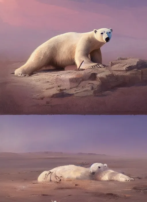 Image similar to polar bear dying on a desert, by greg rutkowski, trending on artstation, masterpiece